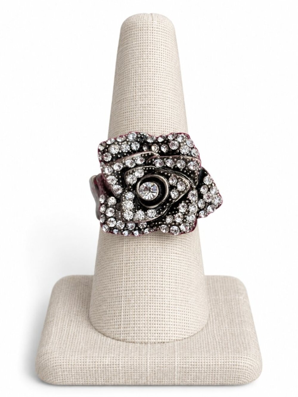 Rhinestone Rose Statement Ring Silver Tone Stretch Band Adjustable Cocktail Ring - Picture 2 of 6